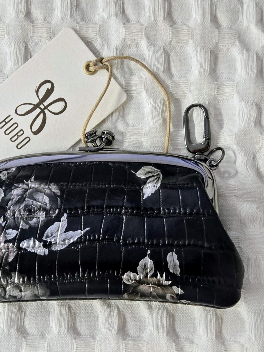 HOBO Black Croc-Embossed Floral Kiss-Lock Cheer Style with Silver Accents